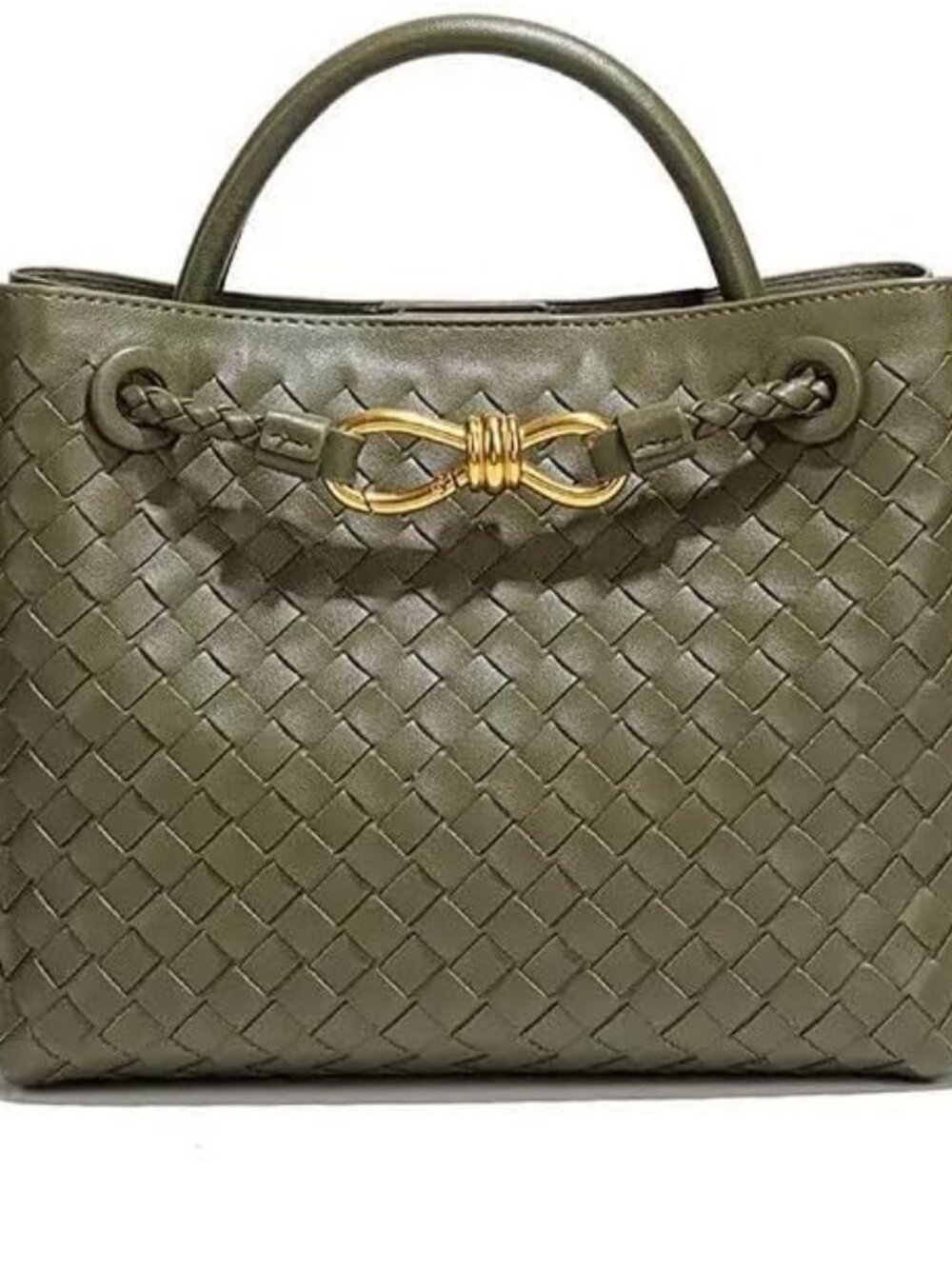 Women's Olive Green Woven Leather Tote Handle Designer Handbag Shoulder Bag